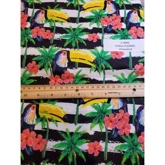 Quilting Fabric 1 Yard Flannel Toucan Hibiscus Palm Trees Hawaiian Stripes - Picture 6 of 6